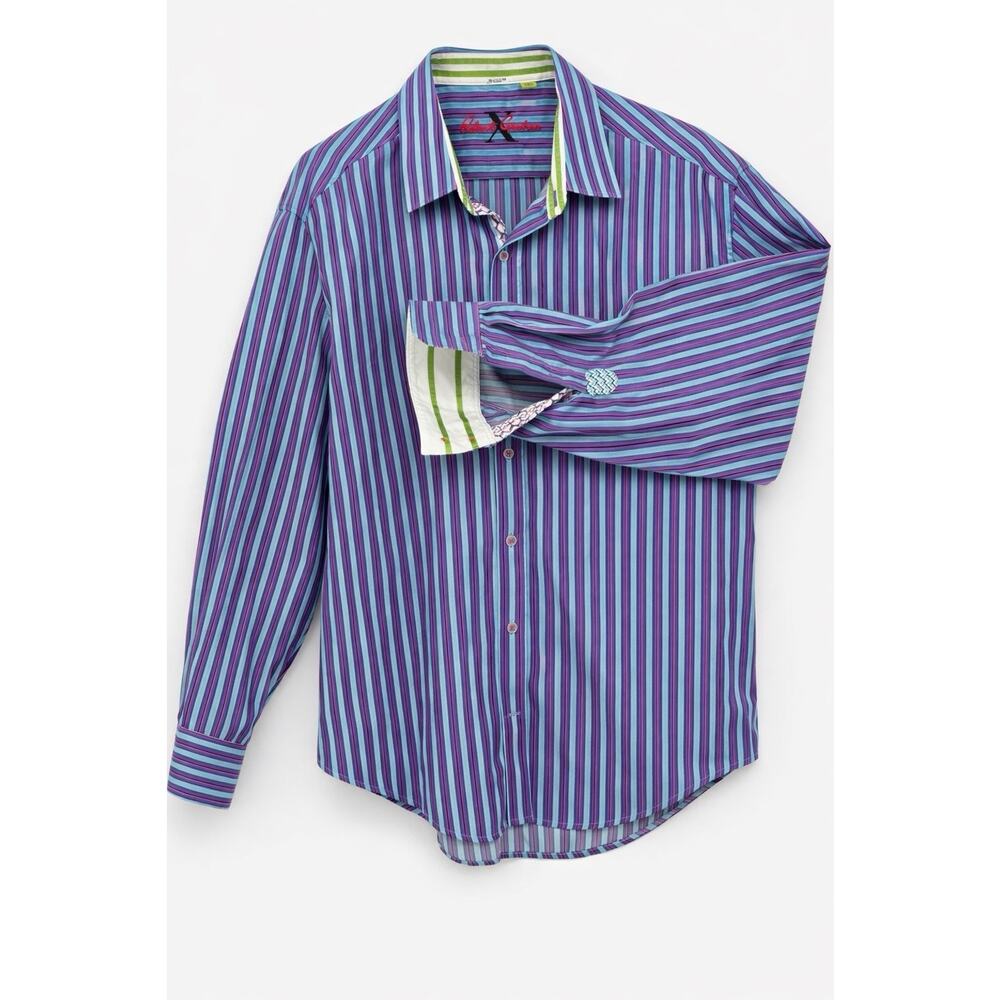 Robert Graham Men's Tailored Fit Long Sleeve Blue Striped Flip Cuff Shirt sz 2XL